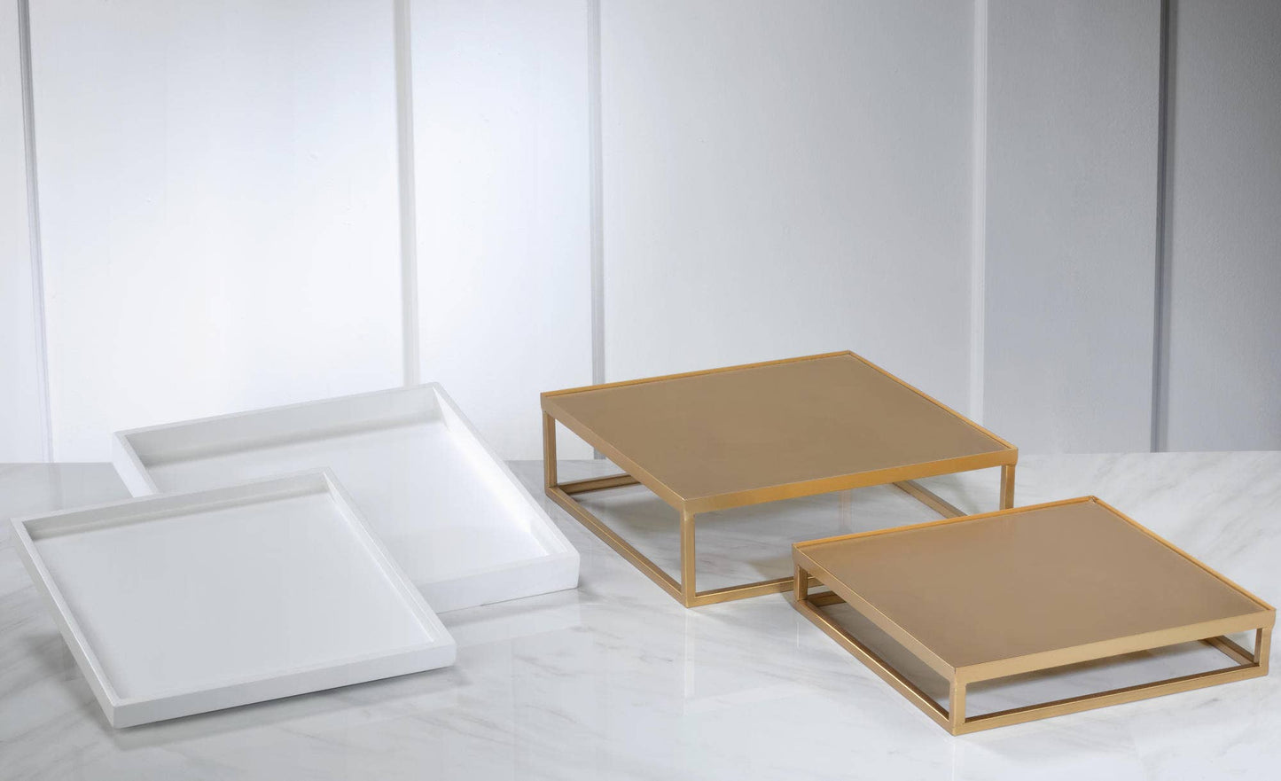 Tray/Riser Set of 2 - Metal and Wood: Large and Small White and Gold