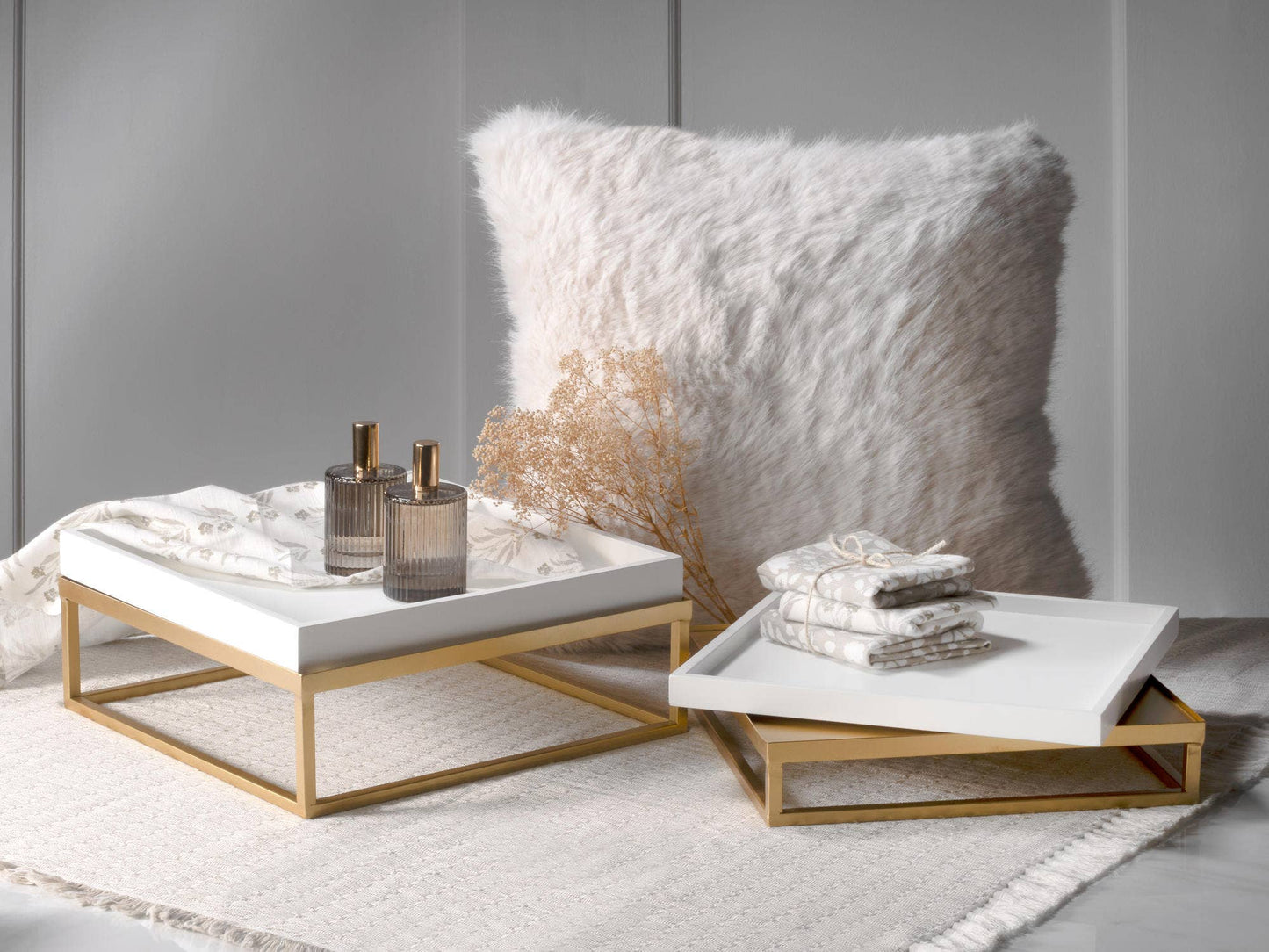Tray/Riser Set of 2 - Metal and Wood: Large and Small White and Gold
