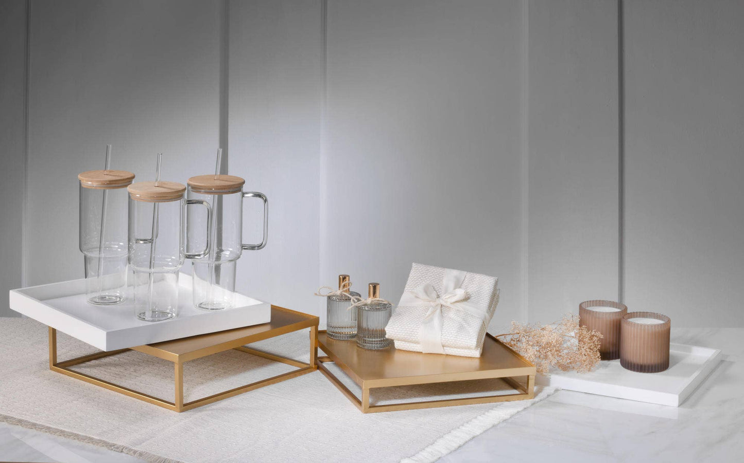 Tray/Riser Set of 2 - Metal and Wood: Large and Small White and Gold