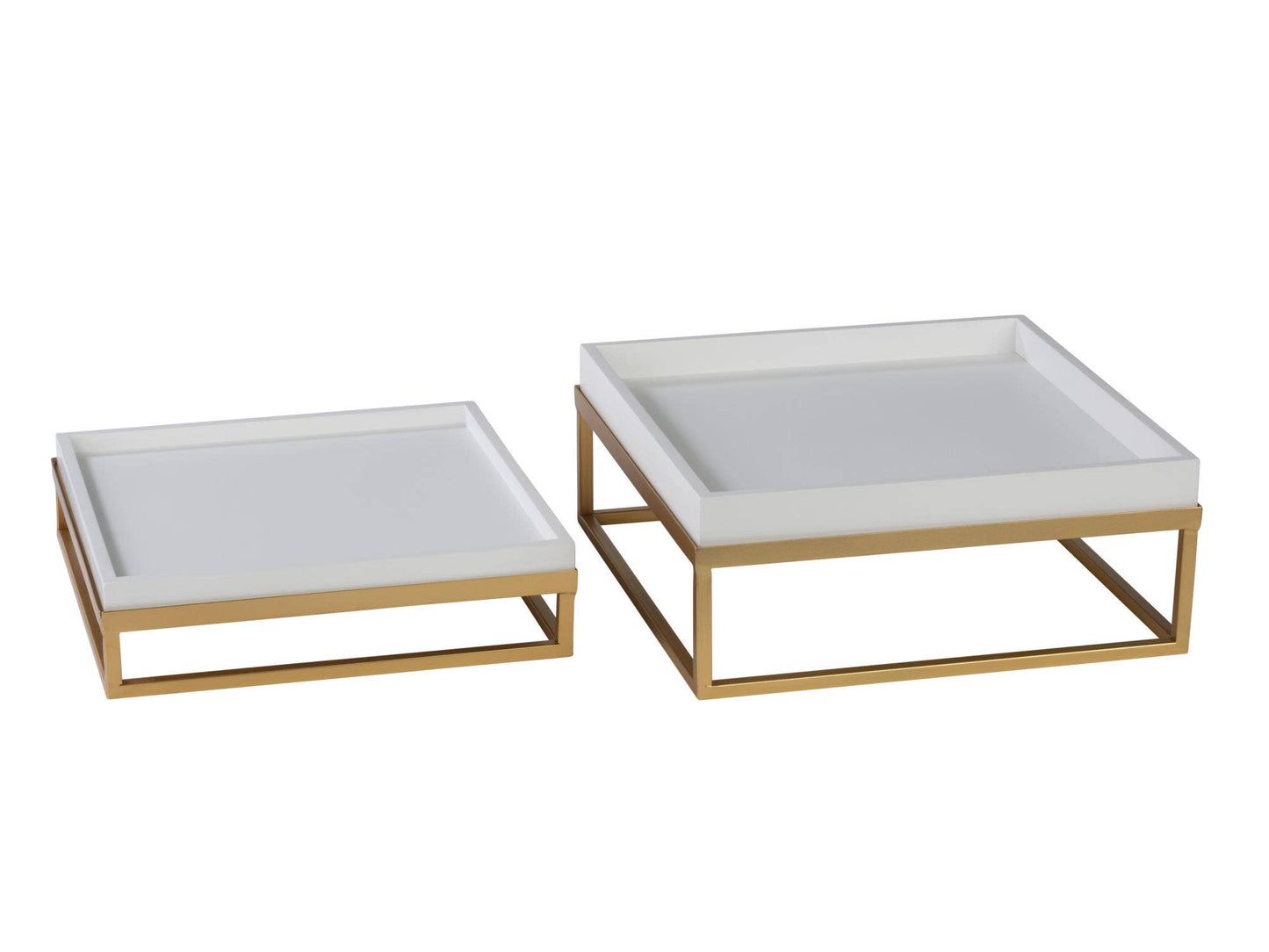 Tray/Riser Set of 2 - Metal and Wood: Large and Small White and Gold