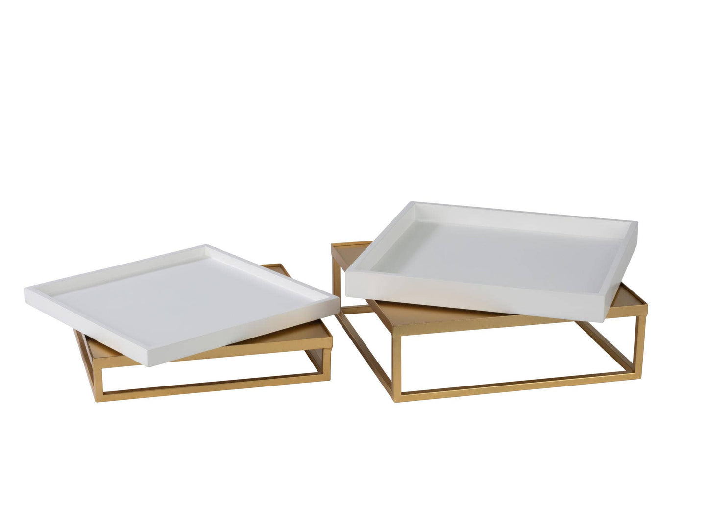Tray/Riser Set of 2 - Metal and Wood: Large and Small White and Gold